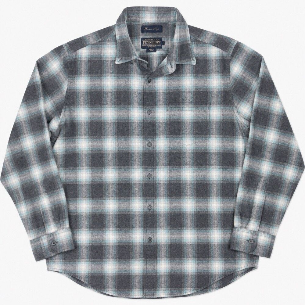 Pendleton Thomas Kay Men’s Teal Gray Plaid Flannel Shirt M 100% Cotton
